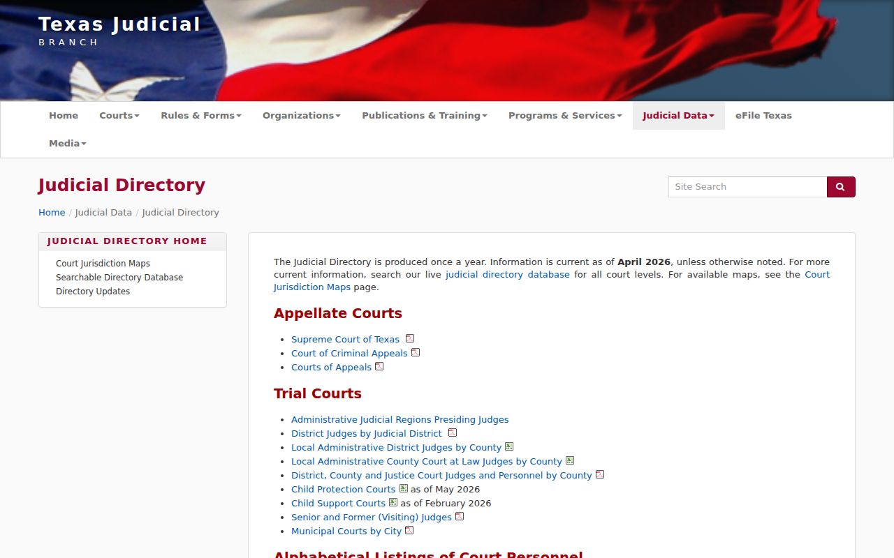 Texas Judicial Branch directory used for the Novice municipal court status check