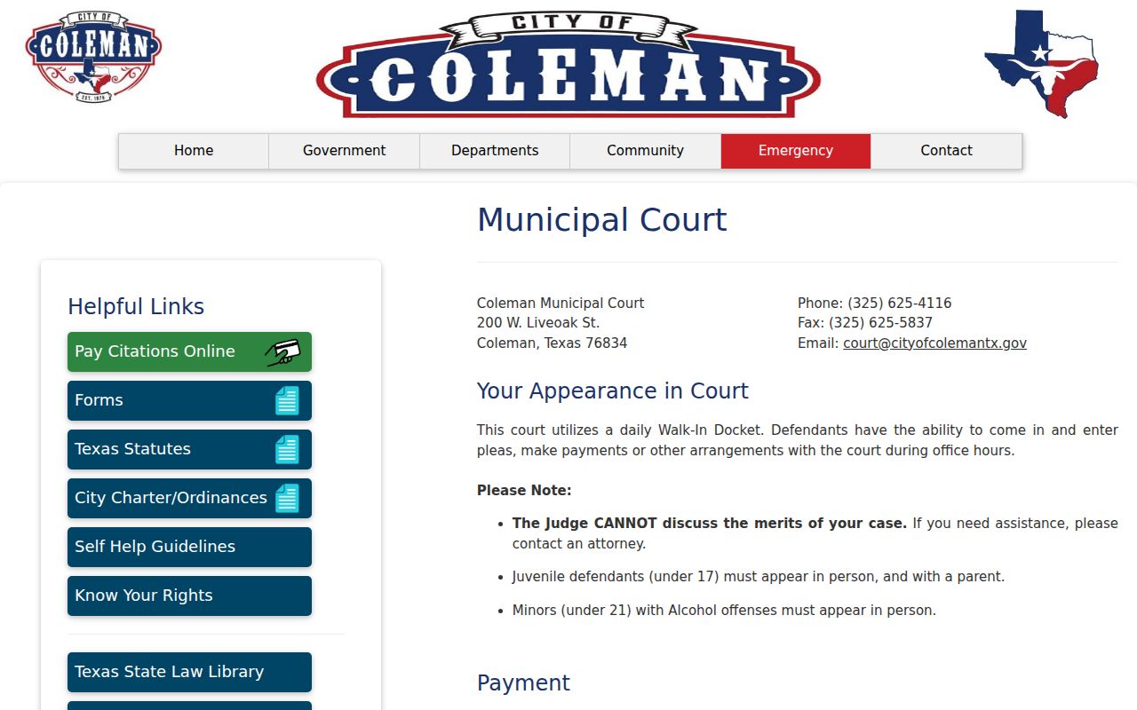 Coleman Municipal Court page and City Hall court counter information