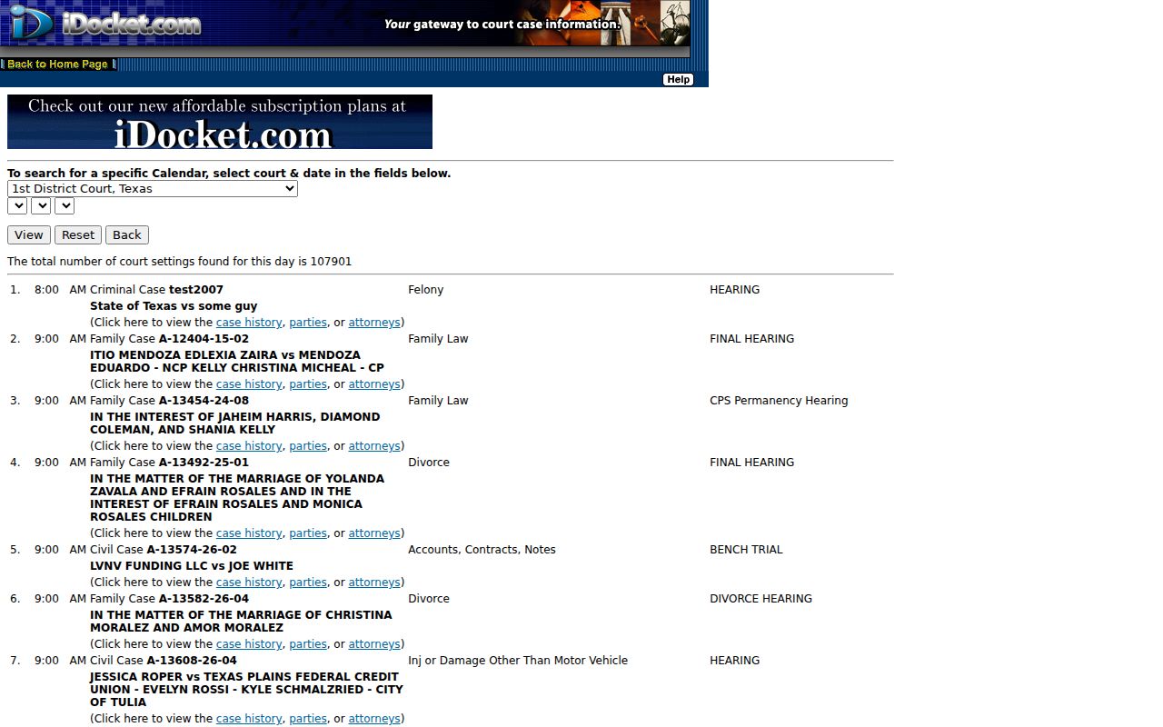 Coleman County court date search through iDocket