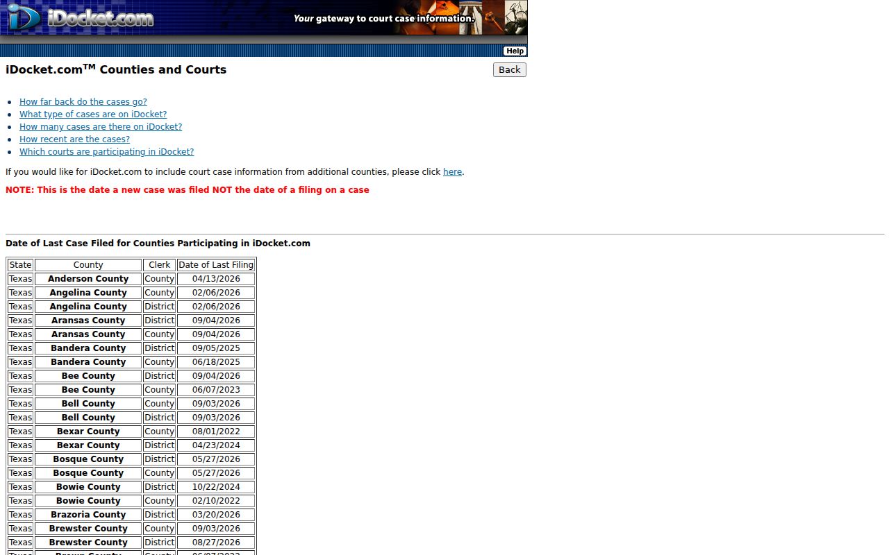 Coleman County case lookup iDocket stale filing dates