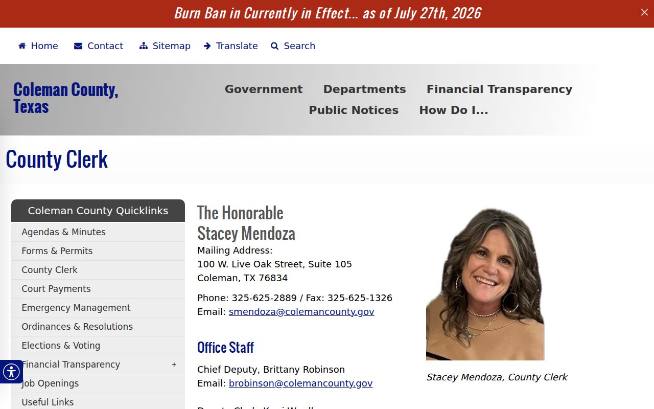 Coleman County Clerk docket records contact page