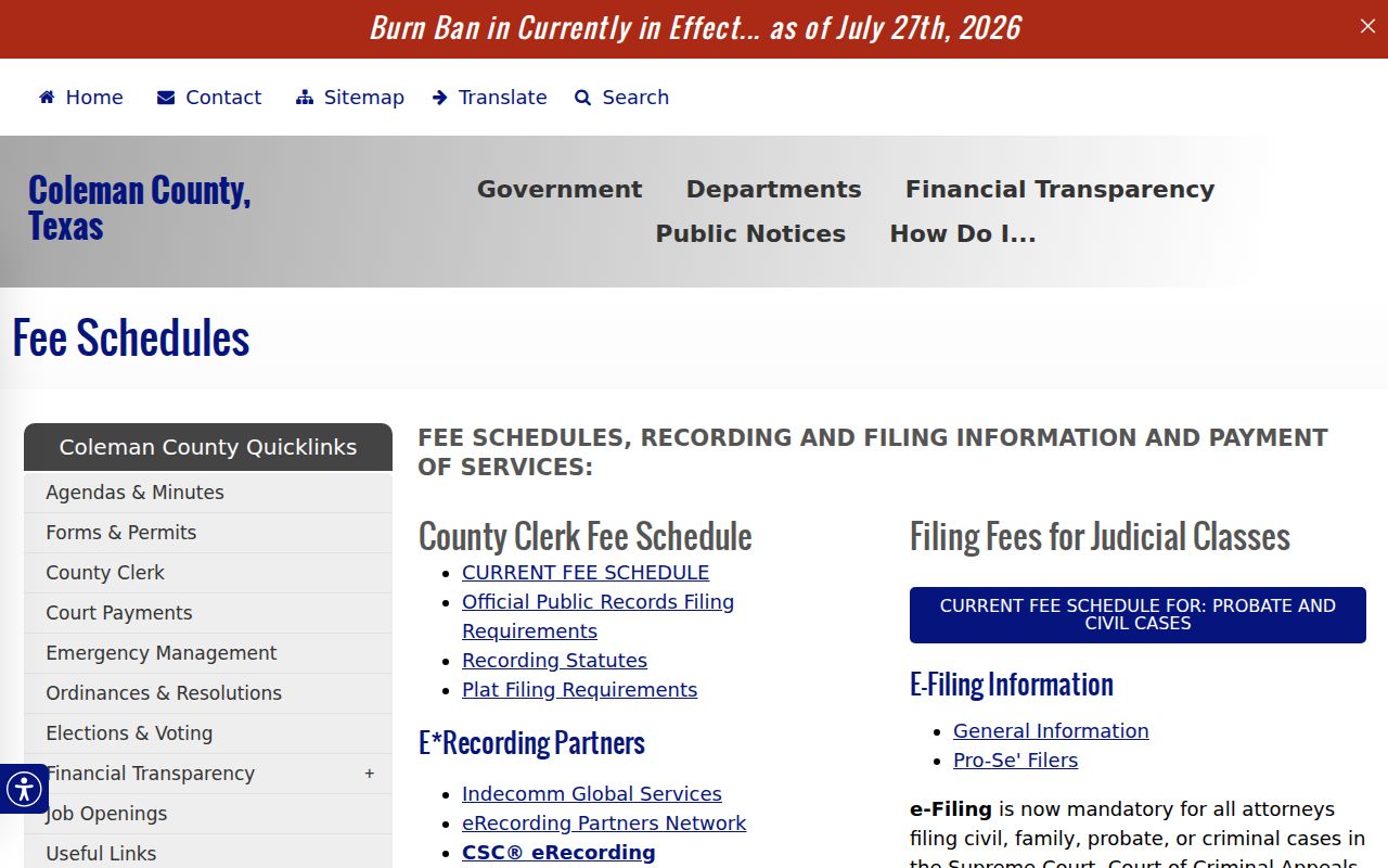 Coleman County court record copy fee source