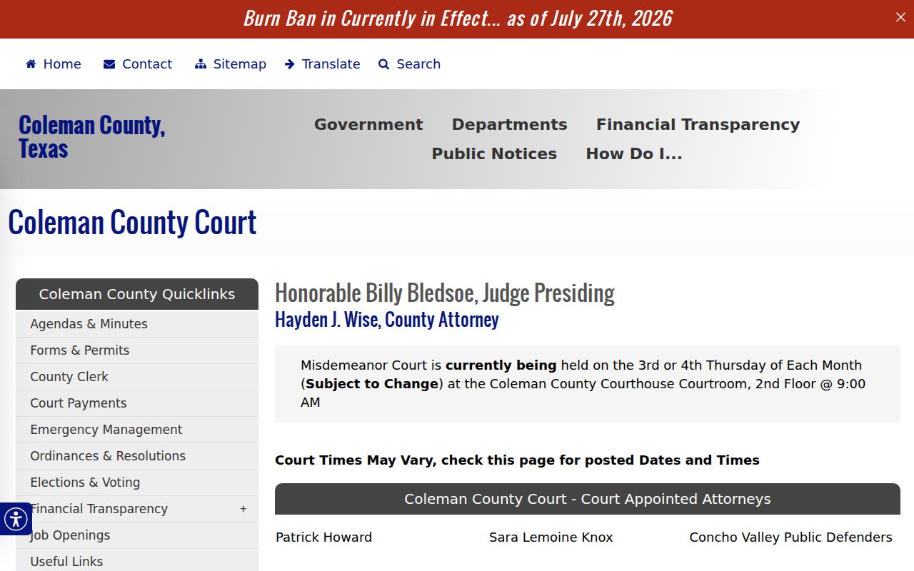 Coleman County court dates on the County Court page